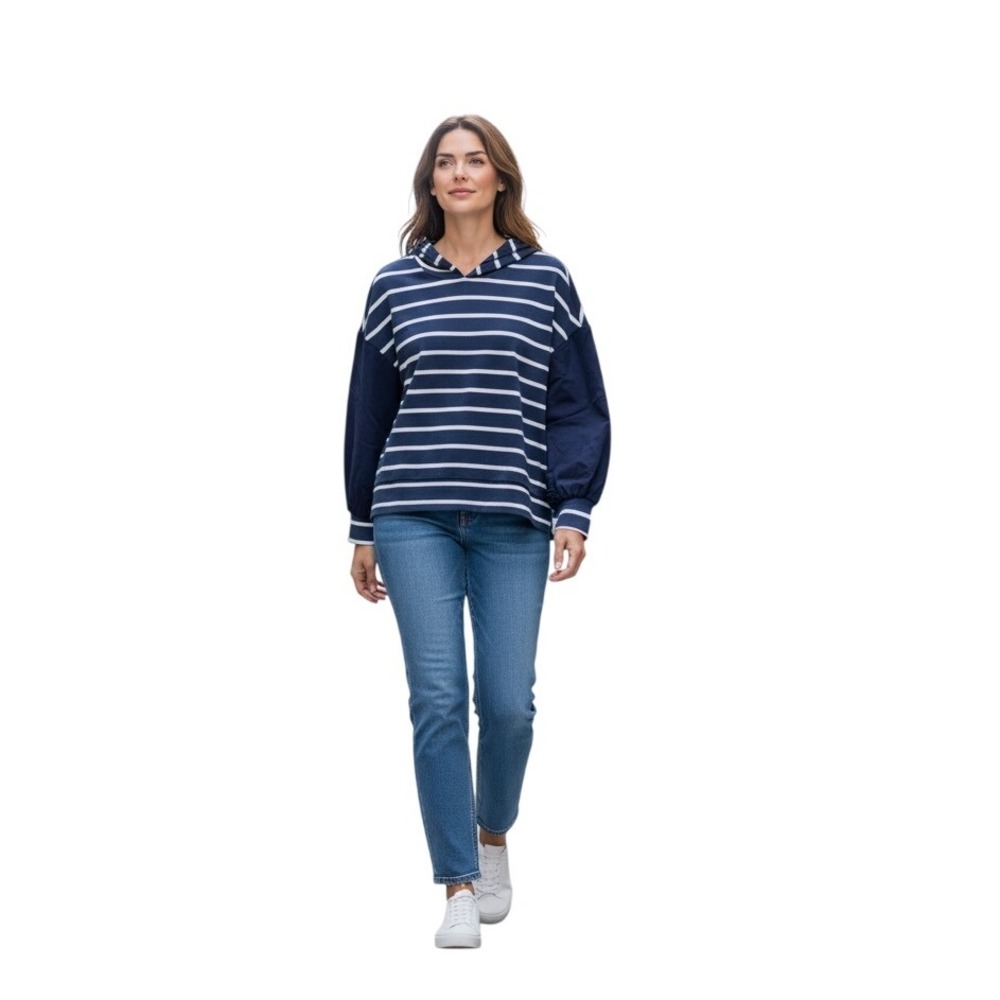 CHASER Pullover Hoodie Top Navy White Striped Rayon Blend XS-Preppy Coastal NWT